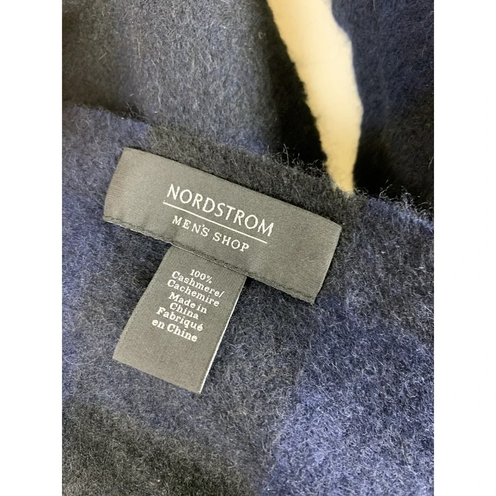 Nordstrom Mens‎ Shop Blue Black Buffalo Plaid Cashmere Scarf Fringe